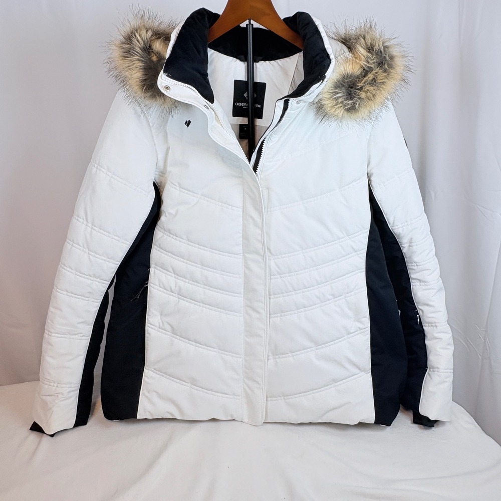 Obermeyer Women Tuscany ll Ski Jacket White Black Primaloft Faux Fur Sz 18 EUC